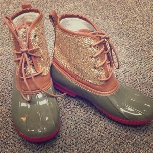 Gold glitter duck boots
